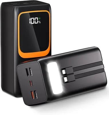 Produktbild von Powerbank 50000mAh mit integrierten Kabeln, 22,5W Schnellladen PD20W, 7 Ausgänge, LED Taschenlampe, für Camping & Notfall