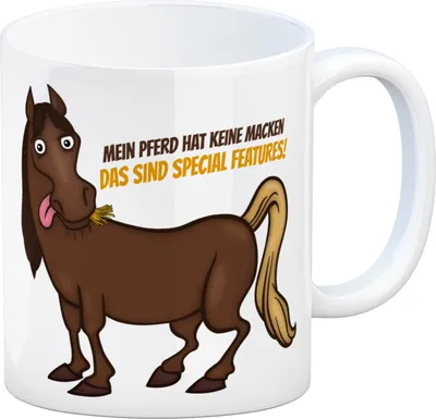 Produktbild von Kaffeebecher mit Pferde Motiv und Spruch: Mein Pferd hat keine Macke. Das ...