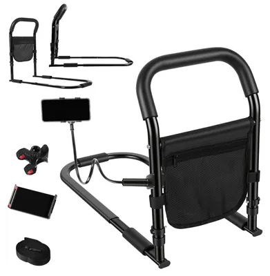 Produktbild von Faziango Aufstehhilfe Bett Senioren höhenverstellbar (45-62cm), Bettgriff Rausfallschutz mit Fixiergurt & Handyhalter, Schwarz, 5 Stufen