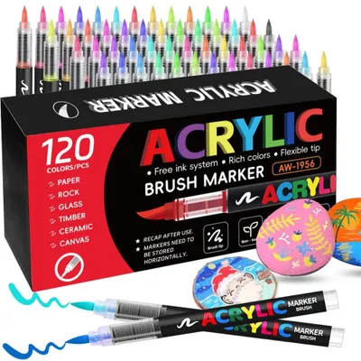 Image de Stylos acryliques - Marqueurs artistiques - 120 couleurs - Pointe pinceau - Résistant à l'eau - Séchage rapide - Non toxique - Pour pierre, verre, toile, céramique et bois