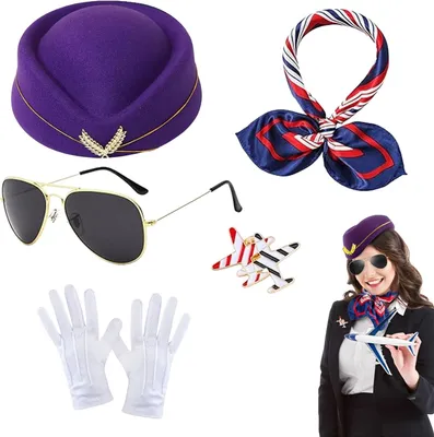 Produktbild von Stewardess Kostüm Zubehörset 5-teilig, mit Schals, Hut, Handschuhen und Sonnenbrille, für Verkleidung