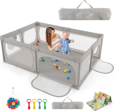 Produktbild von COSTWAY Baby-Laufstall, Spielgitter für Kleinkinder mit Spielmatte, Seitentasche & 50 Spielbällen, 206×147×68,5 cm Hellgrau