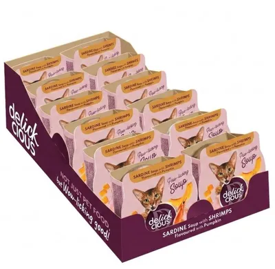 Produktbild von Delickcious Katzen-Suppe Sardine, Garnele & Kürbis, 12x80 g