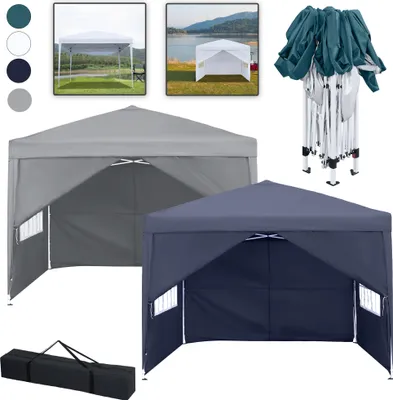 A collage of images showcasing different colors and configurations of a pop-up canopy tent, including a folded frame and a tent set up in an outdoor environment.