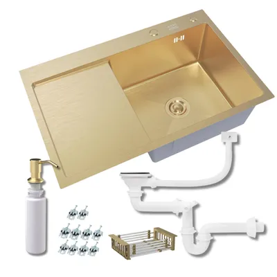Produktbild von ANW HOME Küchenspüle 78x50 cm Gold PVD Nano Edelstahl 304 mit Abtropffläche Siphon Seifenspender Einbauspüle 1 Becken
