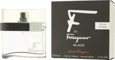 A bottle of F by Ferragamo Black eau de toilette for men and its packaging are displayed side-by-side against a white background.