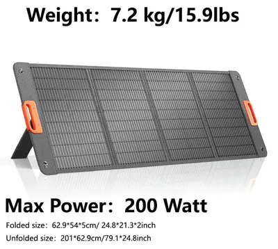 Immagine prodotto di Pannello solare portatile - 200 W. Caricabatterie solare pieghevole - 17,6 V - 7,2 kg - 62,9 × 54 × 5 cm - Ideale per campeggio e camper