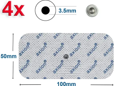 Produktbild von axion® Elektrodenpads passend zu Sanitas, Beurer - 10x5cm, 3.5mm Druckknopfanschluss, 4 St.,selbstklebende TENS EMS Elektroden für TENS EMS Geräte