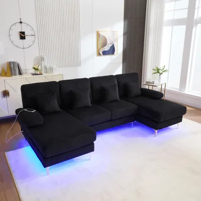 Immagine prodotto di Sweiko Divano moderno a U con illuminazione ambientale a LED e porta USB-C Struttura in legno massiccio, 4 lussuosi cuscini e schienale ergonomico di  per il massimo comfort, nero
