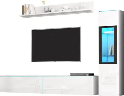 Produktbild von Sweiko TV Wohnwand Set 3-teilig LED Beleuchtung Hochglanz Weiß Wohnzimmer Möbel Set Frontale Wohnwand Weiß 1 x TV Schrank, 1 x Wohnzimmer Vitrine, 1 x Hängeregal