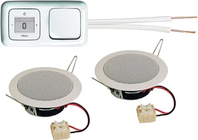 Produktbild von Busch Jäger Unterputz Bluetooth Radio 8217 U (8217U) alpinweiß Reflex SI + 2 x Deckenlautsprecher/Einbaulautsprecher + Radio + Rahmen + Wippschalter (2000/6 US) 20 Meter Lautsprecherkabel 2x0,75 mm²