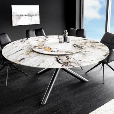Produktbild von riess-ambiente Runder Esstisch SPIN 150cm weiß grau braun gold mit 360° drehbarer Servierplatte Keramik Aurora Oro