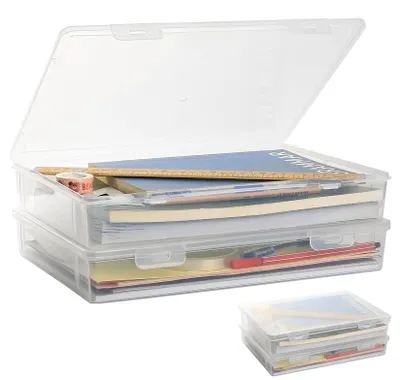 Image de Boîte de rangement A4, lot de 2. Boîte en plastique multifonctionnelle avec couvercle – transparente et robuste, empilable, pour documents, matériel de bricolage &