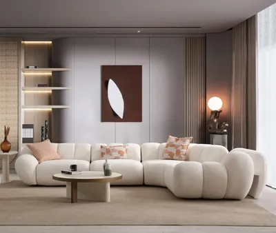 Produktbild von Modernes Wohnzimmer Set Weißes Ecksofa Runder Couchtisch Möbel