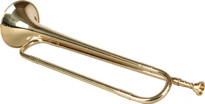 A brass cavalry trumpet is shown against a white background.
