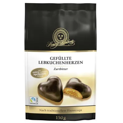 A package of Lambertz Lebkuchen Herzen filled with dark chocolate.