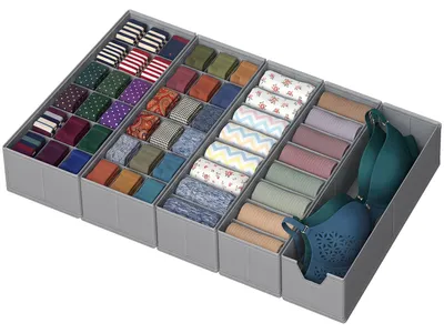 Produktbild von SONGMICS 5er Set Schubladen-Organizer, Faltbare Aufbewahrungsboxen für Unterwäsche, 19 x 40 x 10 cm / 15 x 40 x 10 cm, Grau