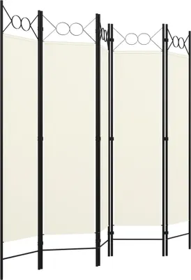 A cream-colored room divider with a black metal frame, shown against a white background.