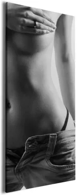 Produktbild von Wallario Premium Leinwandbild Halbnackte Frau mit Jeans in Größe 30 x 75 cm