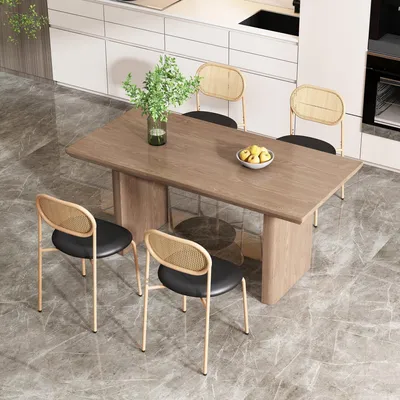 Image de Ensemble de 4 chaises de salle à manger, chaises en rotin de style moderne avec pieds en métal, de couleur noire et marron