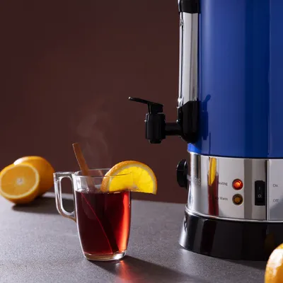 Produktbild von Navaris Glühweinkocher Heißwasserspender aus Edelstahl - 6,8l - mit Thermostat Füllstandanzeige Zapfhahn - Glühwein Heißgetränkeautomat Blau