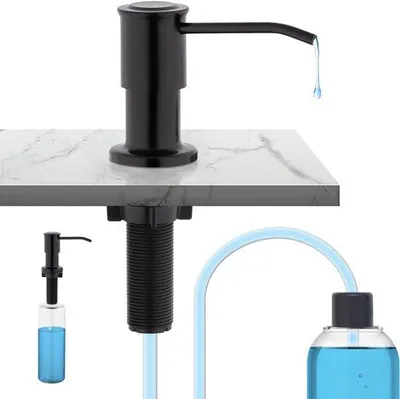 Productafbeelding van Ibenzoa® Zeepdispenser 500 ml met 1,0 meter verlengsnoer – Zwart, roestvrijstalen pompkop, 360° draaibaar, inbouwbaar voor spoelbakken en keukens