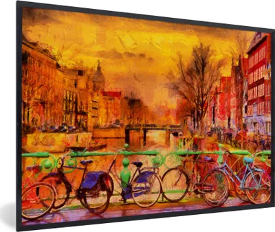 Produktbild von MuchoWow® Gerahmtes Poster Gemälde - Fahrrad - Amsterdam - Gracht - Öl 90x60 cm - Poster mit Schwarzem Bilderrahmen Wandposter Rahmen Foto Bilder - Fotorahmen - Foto-Plakat