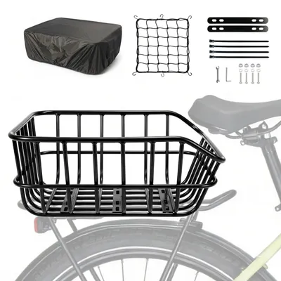 Immagine prodotto di Cestino portapacchi posteriore per bicicletta, con rete portaoggetti e coperture antipioggia, in metallo, 40x32x17 cm