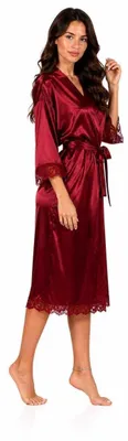 Produktbild von Damen Satin Morgenmantel lang mit Spitze – Kimono Bademantel aus 100 % Polyester, weich & glänzend Weinrot M