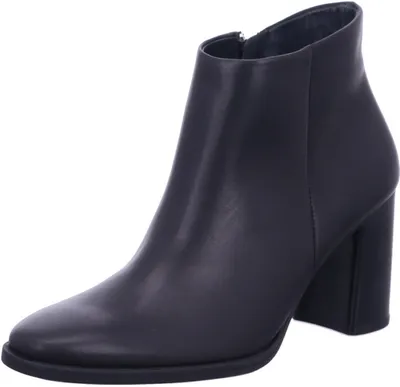 A studio shot of a single black leather ankle boot with a block heel.