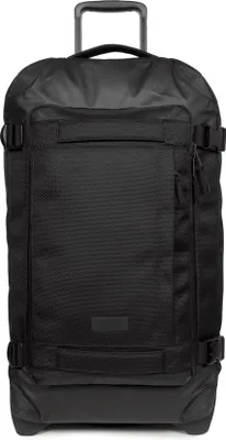A black rolling suitcase is shown from the front.