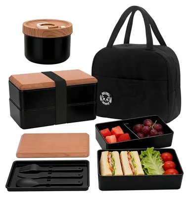 Bento-Box 2-stufig mit Besteck und Isoliertasche, schwarz