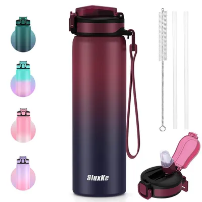 Image de Bouteille en acier inoxydable avec paille, 700 ml, rouge et noir. Bouteille isotherme anti-fuite, sans BPA