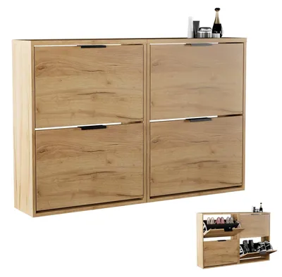 Produktbild von Planetmöbel Schuhschrank schmal 2 x 2 Klappen Schuhregal mit 4 Ablagen, gold eiche
