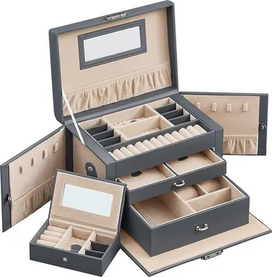 Imagen del producto de Caja de joyería Unyqoos®: caja de joyería con cierre, con 2 cajones, espejo y caja de viaje extraíble, forro de terciopelo, 26 x 18 x 17 cm, color gris