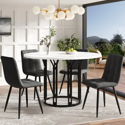 Image de MODFU Table à Manger - Table de Cuisine Ronde Design avec Plateau Effet Marbre et Pieds Métal, MDF + Métal, 100×100×74 cm, Blanc+Noir