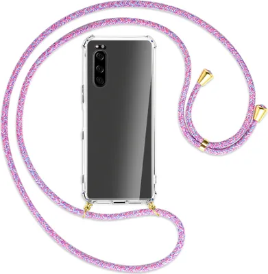 Produktbild von Handykette Backcover-Schutzhülle mit Band (Metall goldfarben) für Sony Xperia 5 - lila/rosa/blau
