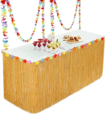 Produktbild von Hawaii Luau Tischröcke Party Deko (9.2X2.5ft), Tischdecke mit 30 Mehrfarbe Blumen für Sommer Garden Beach Tiki Party Dekoration (Gold) MEHRWEG