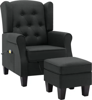 A dark gray fabric massage chair with a matching ottoman, presented against a white background.