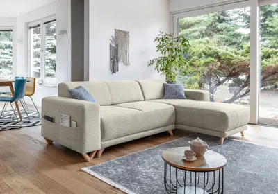 Image de MIUFORM Classy Sophie - Canapé d'angle avec fonction lit et coffre de lit - 260x165cm - Beige - montage réversible - Canapé-lit Canapé