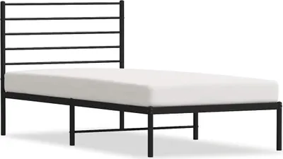 A black metal bed frame with a white mattress on a white background.