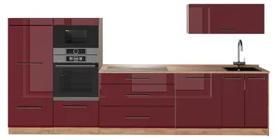 Imagen del producto de Mueble de cocina Vicco Fame-Line Rojo Burdeos alto brillo/Roble dorado 340 cm sin encimera, Model 64462