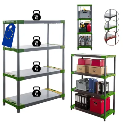 Produktbild von MODO24 Kunststoffregal, 4 Ablagen, 120kg/Boden, Schwerlast, Steckregal, Lagerregal, Plastikregal, Werkstatt, 138x110x46?cm, Grün, JUPITER