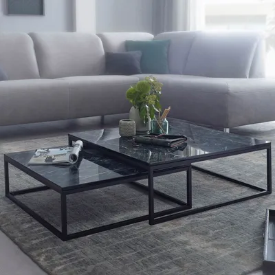 Produktbild von WOHNLING Design Couchtisch 2er Set Schwarz Marmor Optik Eckig Couchtische 2-teilig Tischgestell Metall Edle Wohnzimmertische Moderne Satztische