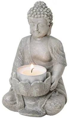 Image de Figure de Bouddha Déco assis jardin Porte bougie à chauffe-plat gris