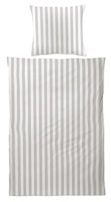 A duvet cover and pillowcase with a vertical stripe pattern.