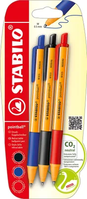 Image de Stylos à bille rétractables - STABILO pointball - pack de 3 - bleu, noir, rouge