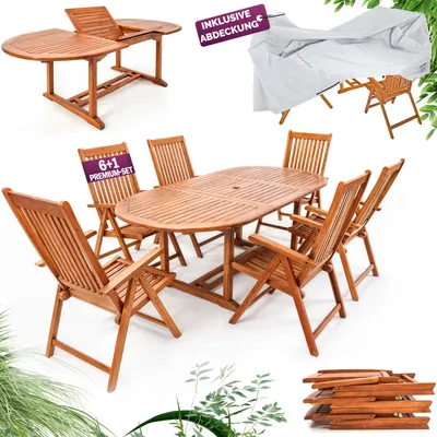 Produktbild von CASARIA® Gartenmöbel Set inkl. Abdeckplane Holz 6 Stühle mit Tisch Wetterfest FSC®-zertifiziert Schirmständer Armlehnen Klappstühle Garten Terrasse 7-tlg. Eukalyptus