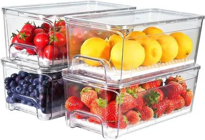Imagen del producto de Uniqoos® Juego de 4 cajas de almacenamiento apilables con tapa, transparentes, de PET, de 4,71 litros, para refrigerador y cocina