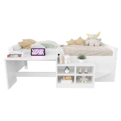 Produktbild von Kinderbett 90×200 cm, mit Staufächern Schreibtisch mit Steckdosen nach europäischer Norm Einzelbett Holzbett Weiß